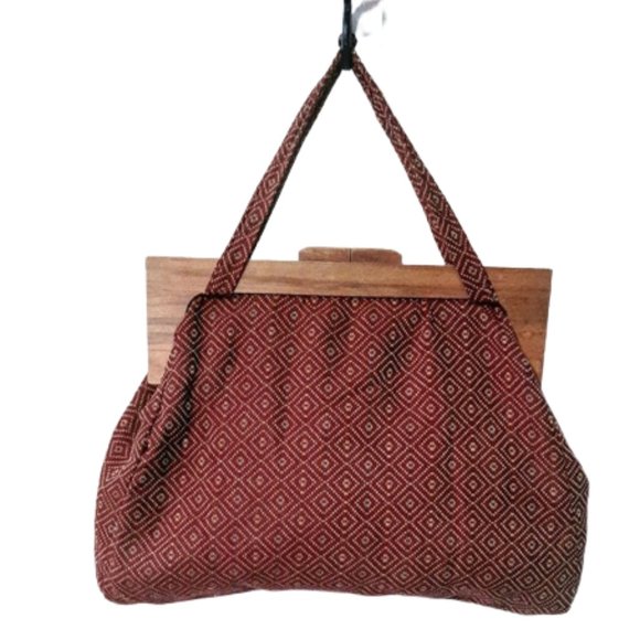 Large 1940s Vintage Red Print Cotton And Wood Frame Knitting Tote Bag Purse - Picture 1 of 5